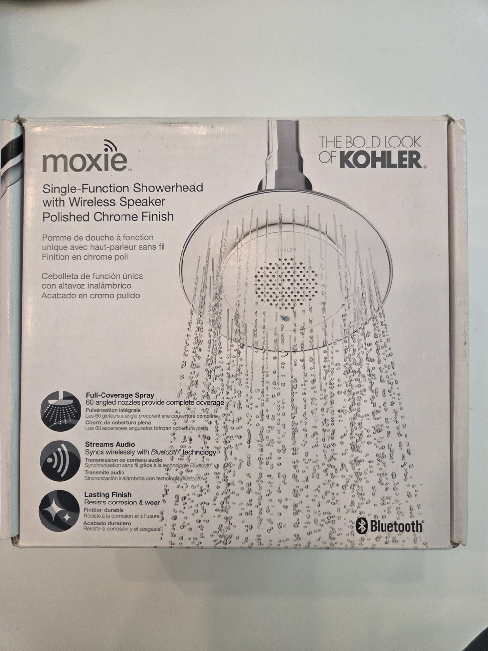 NIB Moxie Polished Chrome Single-Function Bluetooth Showerhead with Speaker